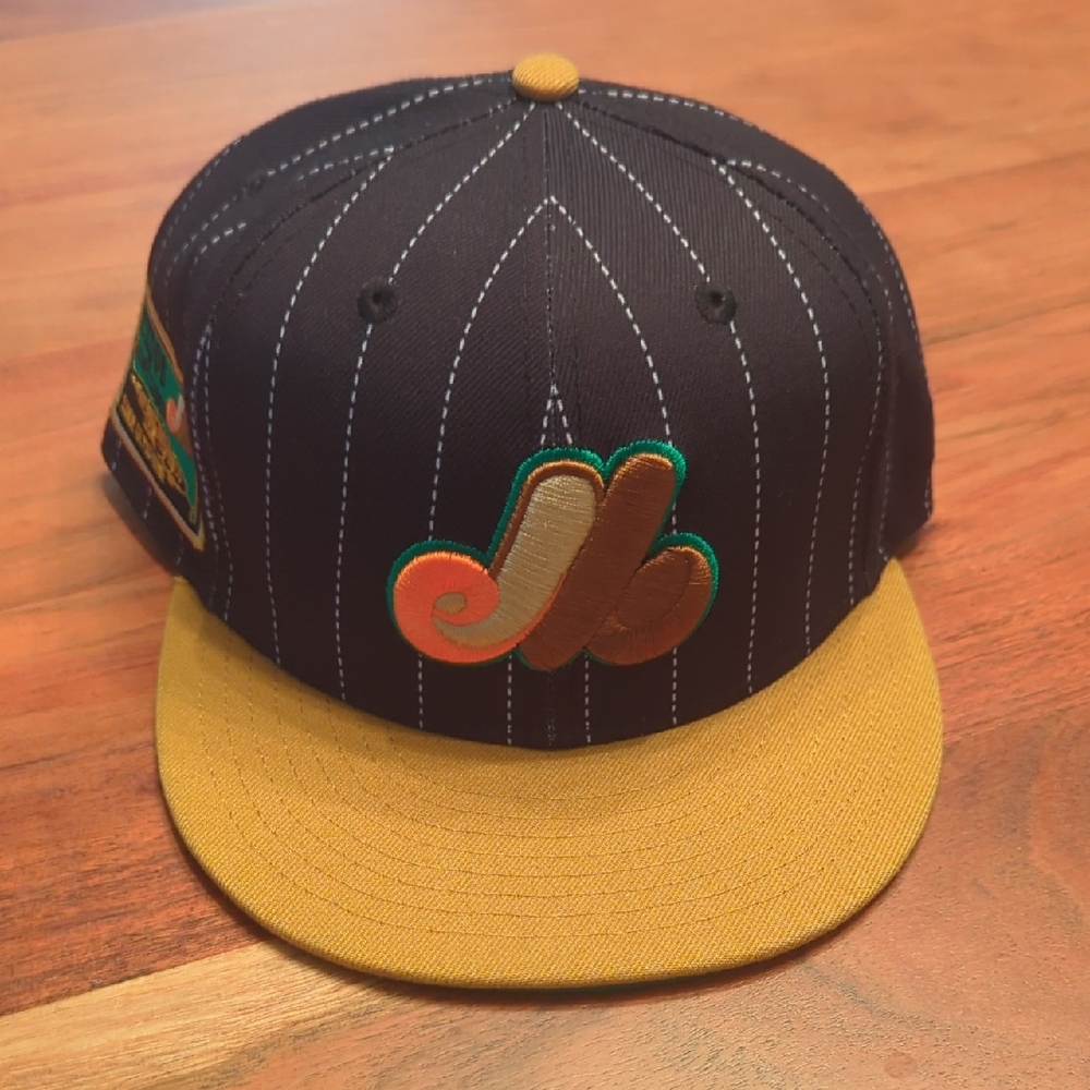 Montreal Expos Pinstripe Baseball Fitted Hat With Olympic Stadium Sidepatch